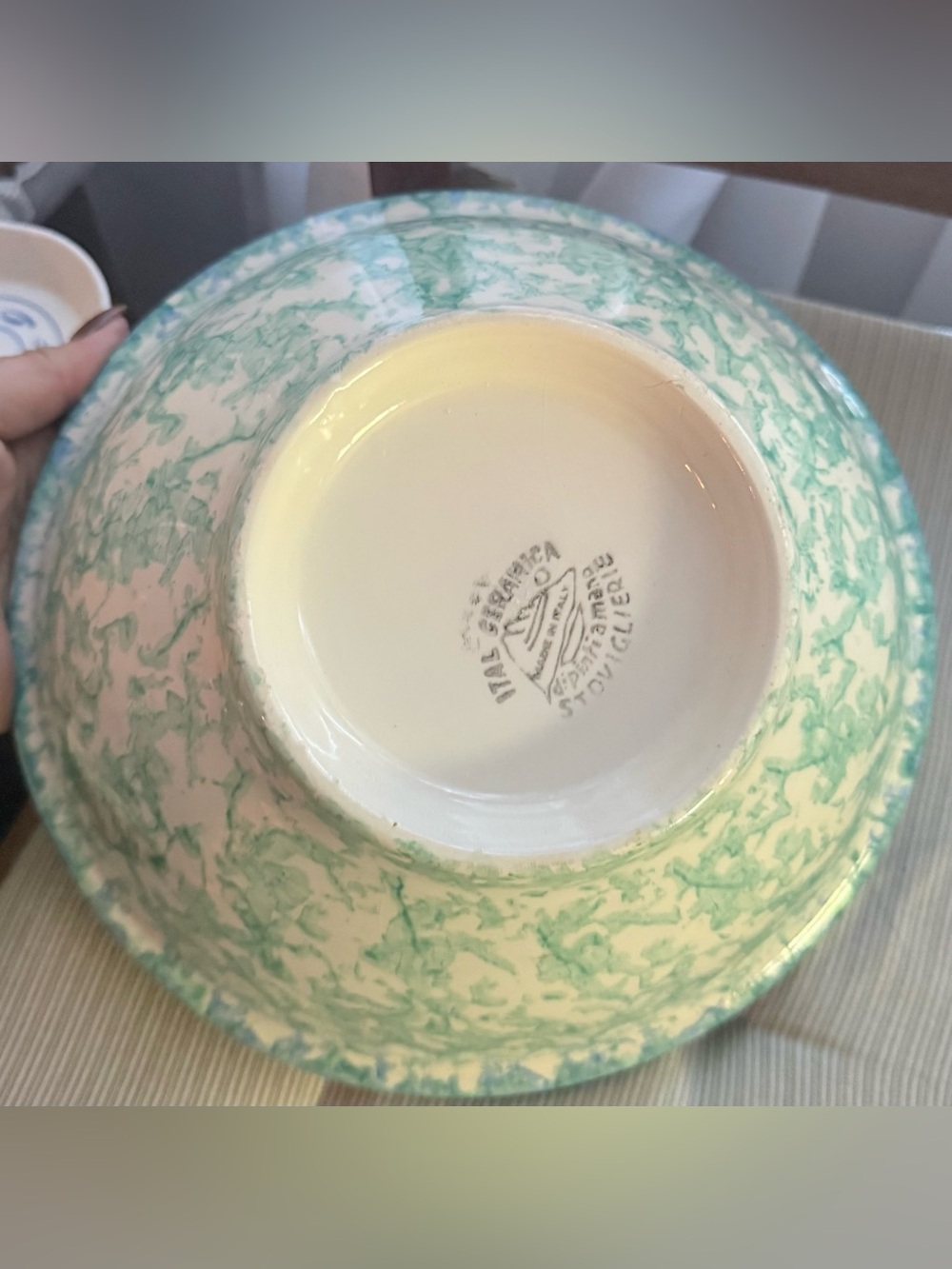Italian Handpainted Green Blue White Sponge Art Ceramic Vintage Serving Bowl - Picture 2 of 4